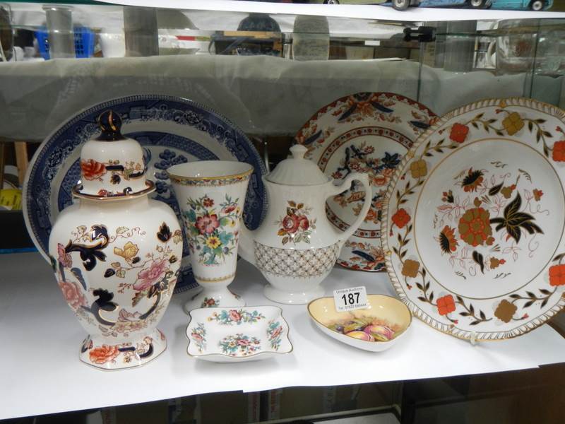 A mixed lot including meat platter, plates, teapot, lidded jar etc., COLLECT ONLY.