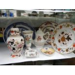 A mixed lot including meat platter, plates, teapot, lidded jar etc., COLLECT ONLY.