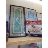 Two framed and glazed embroideries on silk, COLLECT ONLY.