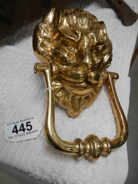 A brass lion door knocker.
