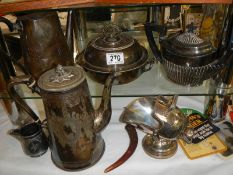 A silver plate teapot, coffee pot, tureen etc.,