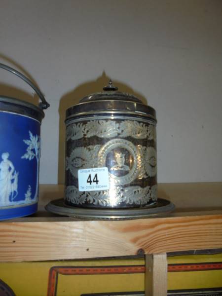 A Jasper ware biscuit barrel and a silver plate biscuit barrel. - Image 3 of 4