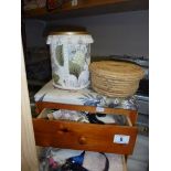 A two drawer sewing box with contents, tin of buttons etc., COLLECT ONLY.