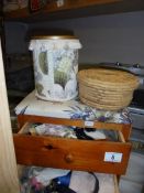 A two drawer sewing box with contents, tin of buttons etc., COLLECT ONLY.