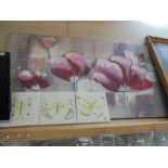 A large floral study on canvas and three smaller butterfly prints on canvas, COLLECT ONLY.