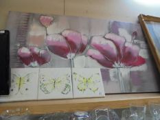 A large floral study on canvas and three smaller butterfly prints on canvas, COLLECT ONLY.