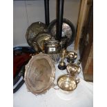 A mixed lot of silver plate including trays, coffee pot, trophies etc.,