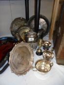 A mixed lot of silver plate including trays, coffee pot, trophies etc.,