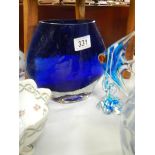 A blue glass vase and a glass fish, COLLECT ONLY.