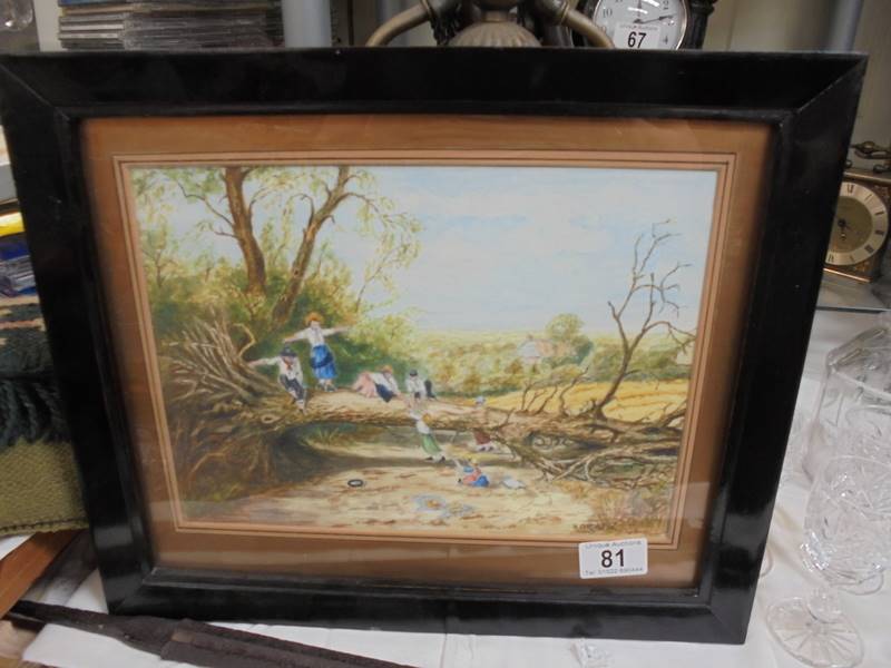 A framed and glazed watercolour featuring children at play, signed but indistinct.