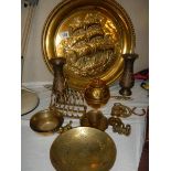 A mixed lot of brassware including plaque, pair of vases, toast rack etc.,
