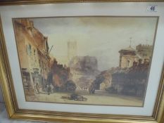 A gilt framed and glazed print of Lincoln from bottom of steep hill, 72 x 55 cm, COLLECT ONLY.