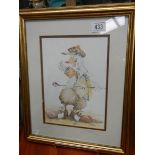 A framed and glazed watercolour of a golfing duck signed L Porter, COLLECT ONLY.