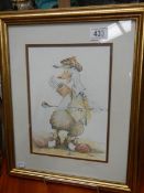 A framed and glazed watercolour of a golfing duck signed L Porter, COLLECT ONLY.