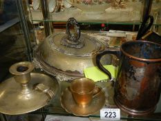 A silver plate tureen and other items.