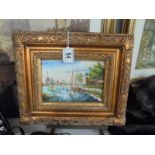 A gilt framed painting of a river scene signed but indistinct, 30 x 25 cm.