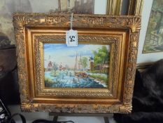 A gilt framed painting of a river scene signed but indistinct, 30 x 25 cm.