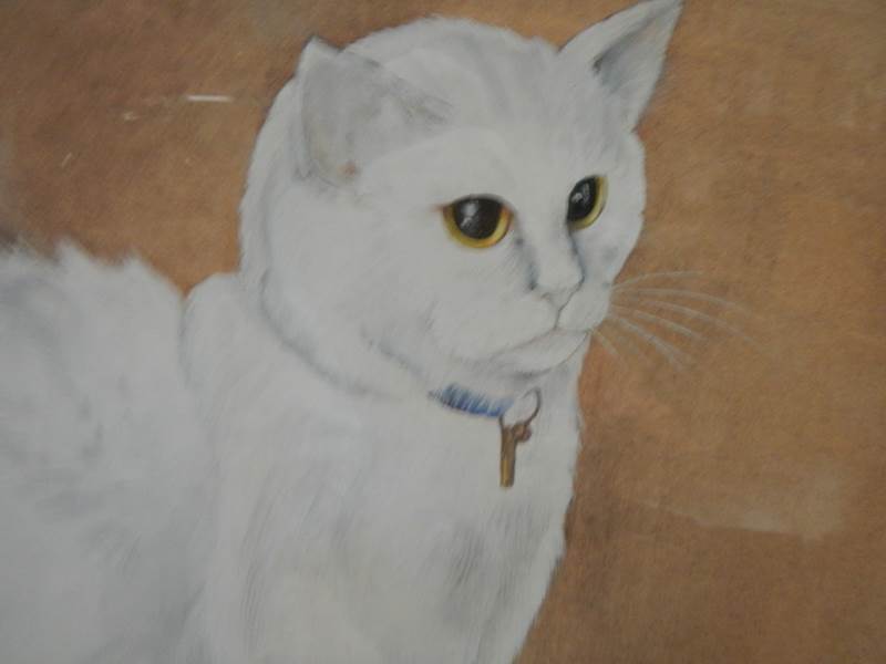 A framed and glazed watercolour of a CAT signed Chuck Paterson 10.9.86, COLLECT ONLY. - Image 4 of 5