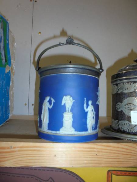 A Jasper ware biscuit barrel and a silver plate biscuit barrel. - Image 2 of 4