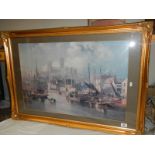 A gilt framed and glazed print of Lincoln from the Brayford signed J W Carmichael 1858, 100 x 70 cm,