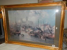 A gilt framed and glazed print of Lincoln from the Brayford signed J W Carmichael 1858, 100 x 70 cm,