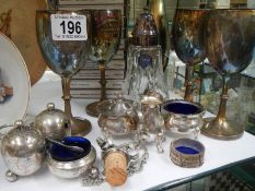 A mixed lot of silver plate condiments, goblets etc.,