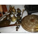 A mixed lot of brass ware including bell, warming pan etc., COLLECT ONLY.