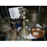 A mixed lot including napkin rings, tankards, candlestick etc.,