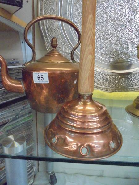 A Victorian copper kettle and a copper washing posher. - Image 3 of 3