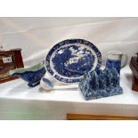 A blue & white ironstone toast rack & other pieces including gravy boat COLLECT ONLY