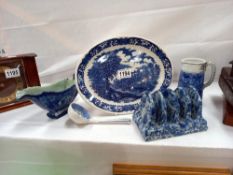 A blue & white ironstone toast rack & other pieces including gravy boat COLLECT ONLY