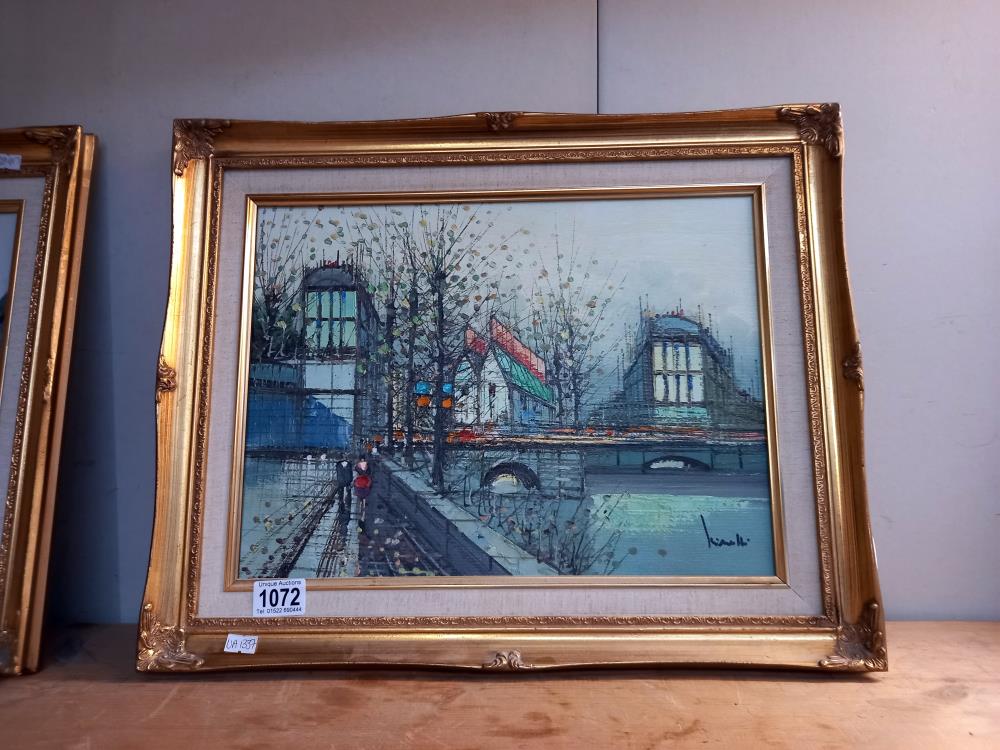2 stylized oil on canvas of street scenes in gilt frames COLLECT ONLY - Image 4 of 5