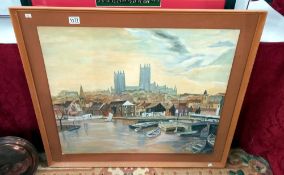 A large vintage oil on board of Lincoln Brayford & Cathedral signed Clive Rickett COLLECT ONLY