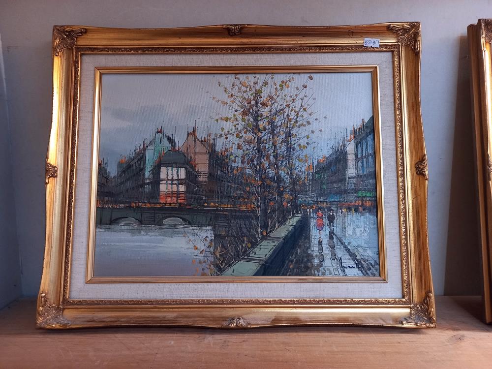 2 stylized oil on canvas of street scenes in gilt frames COLLECT ONLY - Image 2 of 5