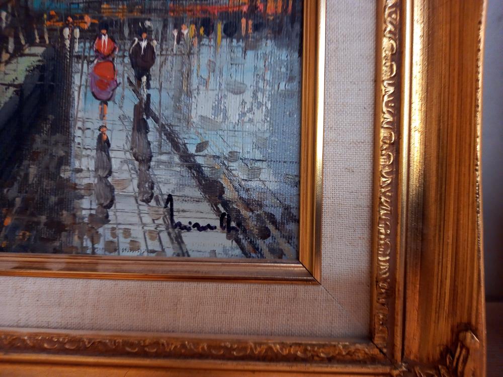 2 stylized oil on canvas of street scenes in gilt frames COLLECT ONLY - Image 3 of 5