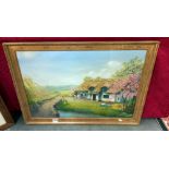 A large gilt framed oil on canvas of a thatched cottage COLLECT ONLY