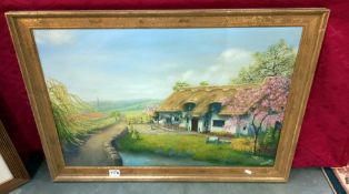 A large gilt framed oil on canvas of a thatched cottage COLLECT ONLY