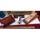 An antique mahogany boxed Bezique card game & cribbage boards etc.