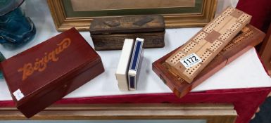 An antique mahogany boxed Bezique card game & cribbage boards etc.