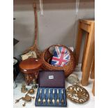 A wicker basket. wooden stool, brass items & place mats etc. COLLECT ONLY