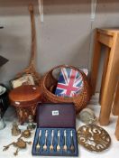 A wicker basket. wooden stool, brass items & place mats etc. COLLECT ONLY