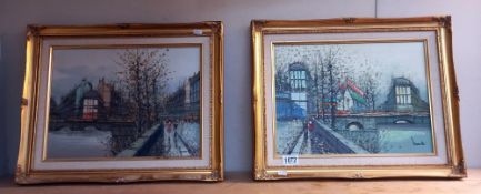 2 stylized oil on canvas of street scenes in gilt frames COLLECT ONLY