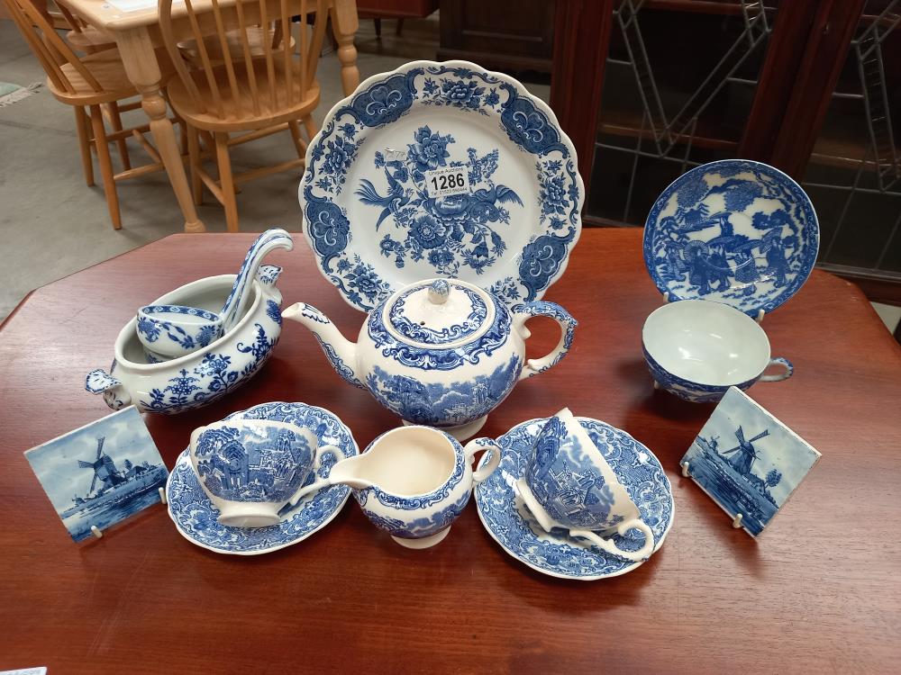 A quantity of blue & white including Delft tiles, Japanese cup & saucer & other china COLLECT ONLY.