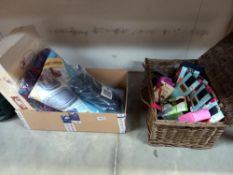 A wicker basket containing a quantity of tights etc. & a box with unopened rug making kit, jacket,