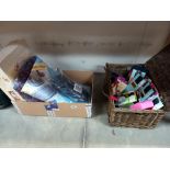 A wicker basket containing a quantity of tights etc. & a box with unopened rug making kit, jacket,