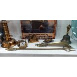 A selection of brassware including Lincoln Cathedral door knocker & cat toasting fork etc.