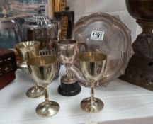A pair of silver plated Merton college Regatta goblets dated 1888 'scratch pairs & punt race' etc.