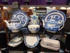 A quantity of blue and white including Spode teapot etc