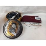 A Harley Davidson limited edition tin & contents of penknives & a pair of vintage yellow metal