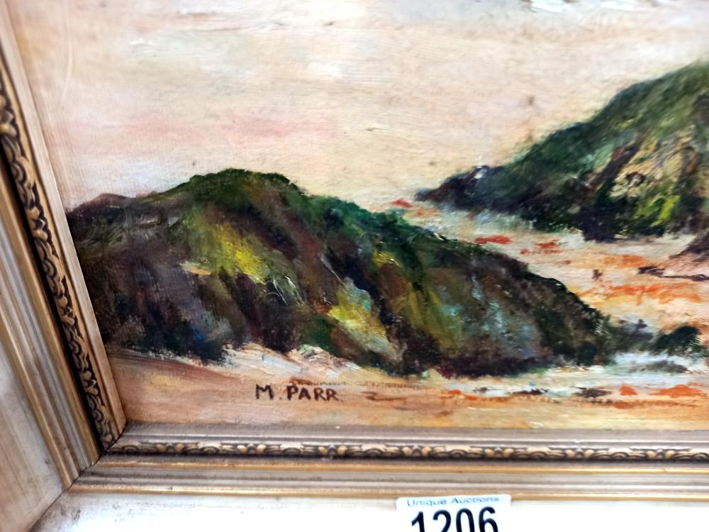 A large vintage oil on board of a beach scene signed M. Parr COLLECT ONLY - Image 2 of 2